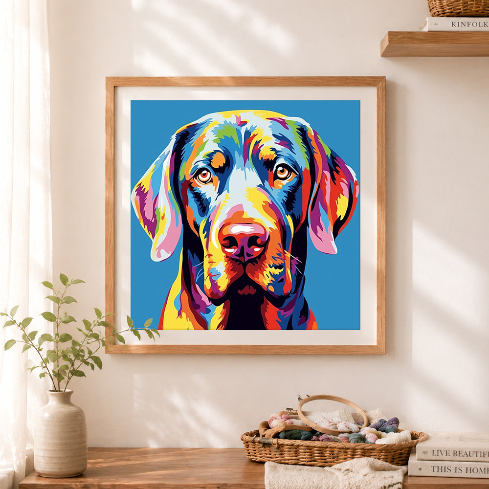 Finished modern pop art labrador retriever cross stitch artwork displayed as home decor