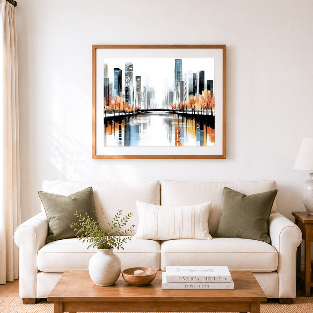 Finished modern waterfront skyline cross stitch artwork displayed as home decor