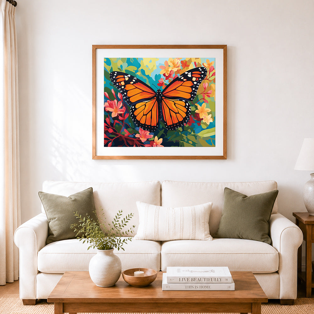 Finished monarch butterfly on florals cross stitch artwork displayed as home decor