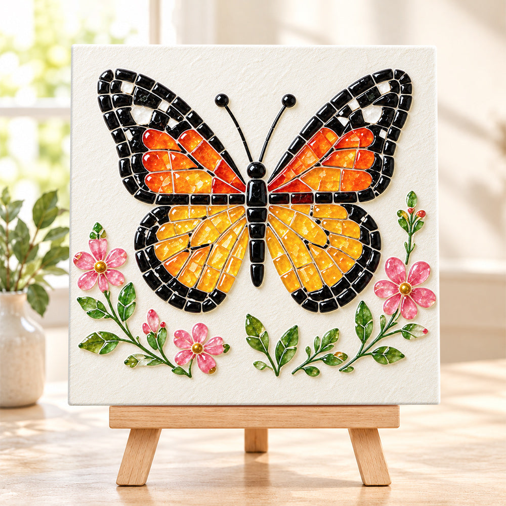 Monarch butterfly sea glass art kit finished artwork on display