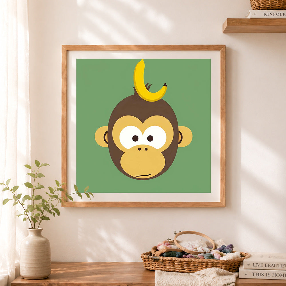 Finished monkey face with banana cross stitch artwork displayed as home decor