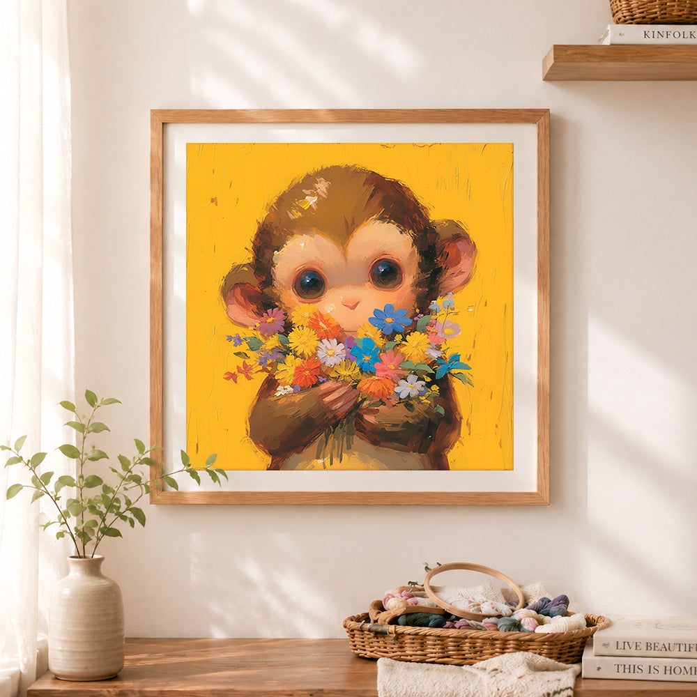 Finished monkey with flower bouquet cross stitch artwork displayed as home decor