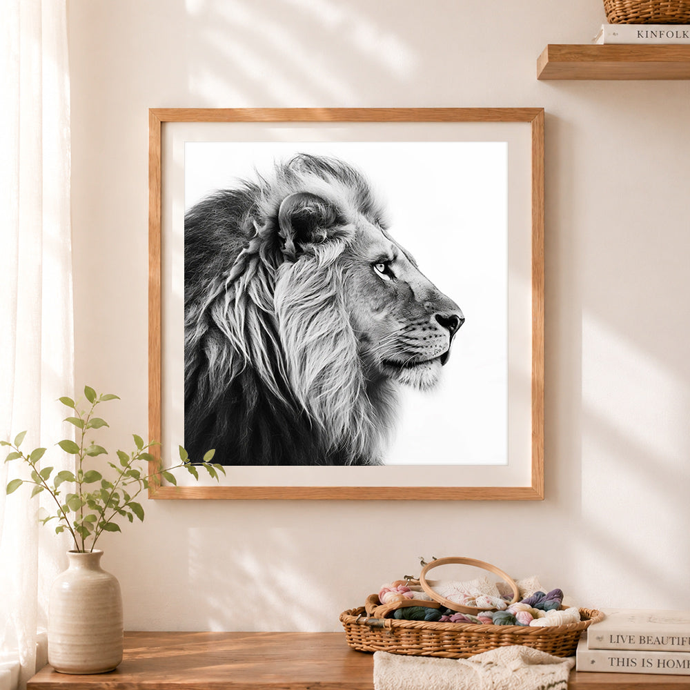 Finished monochrome lion portrait cross stitch artwork displayed as home decor