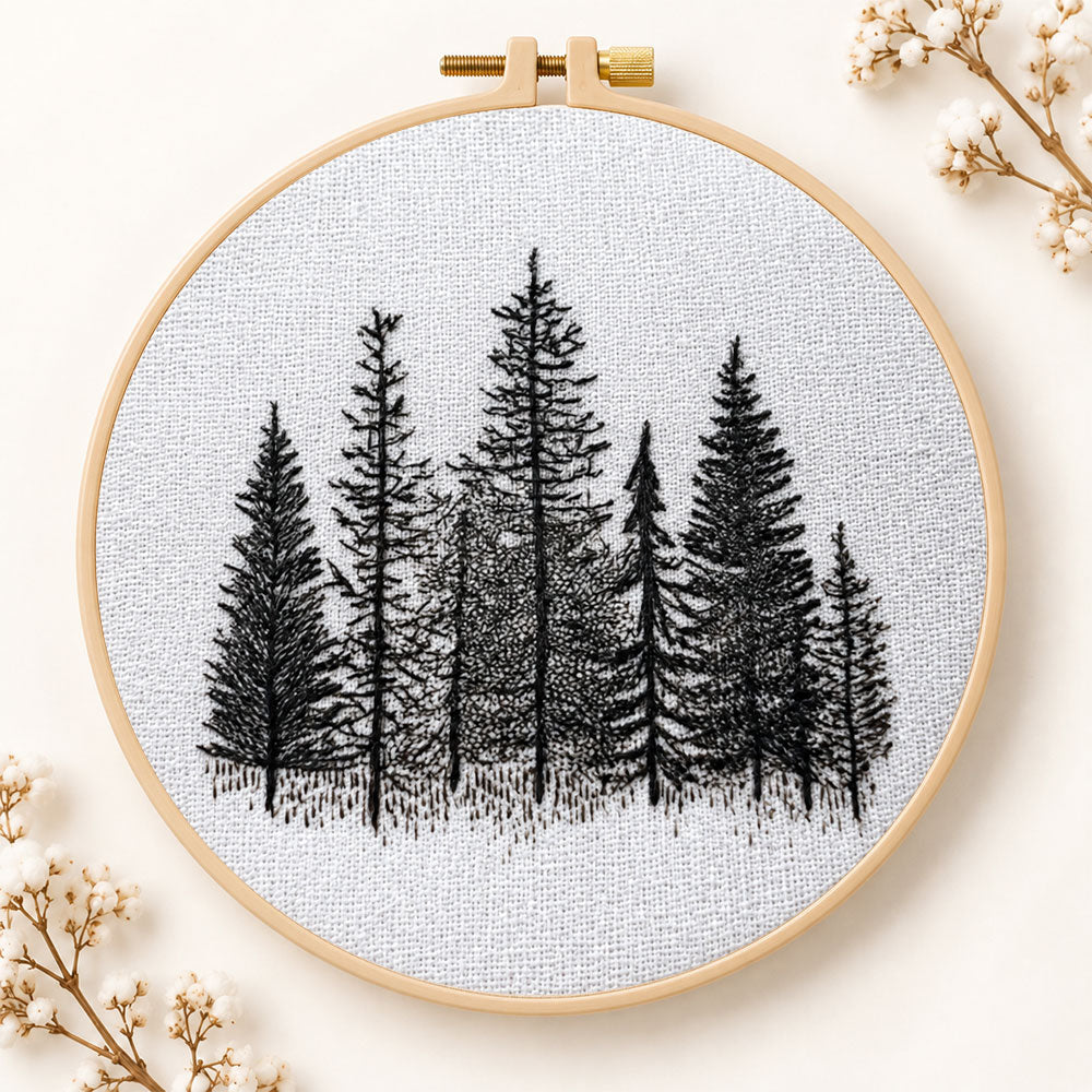 Monochrome pine woods embroidery kit