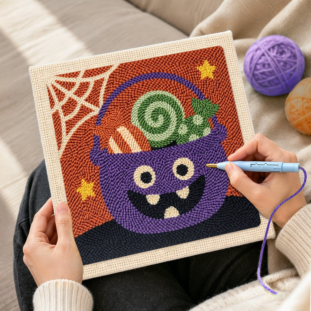 Creating handmade monster candy bucket punch needle artwork