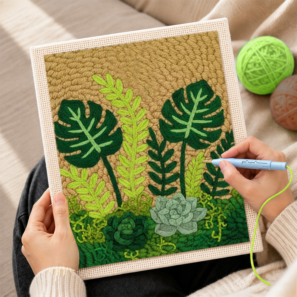 Creating handmade monstera, ferns and succulents punch needle artwork