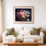 Finished moody rose basket cross stitch artwork displayed as home decor