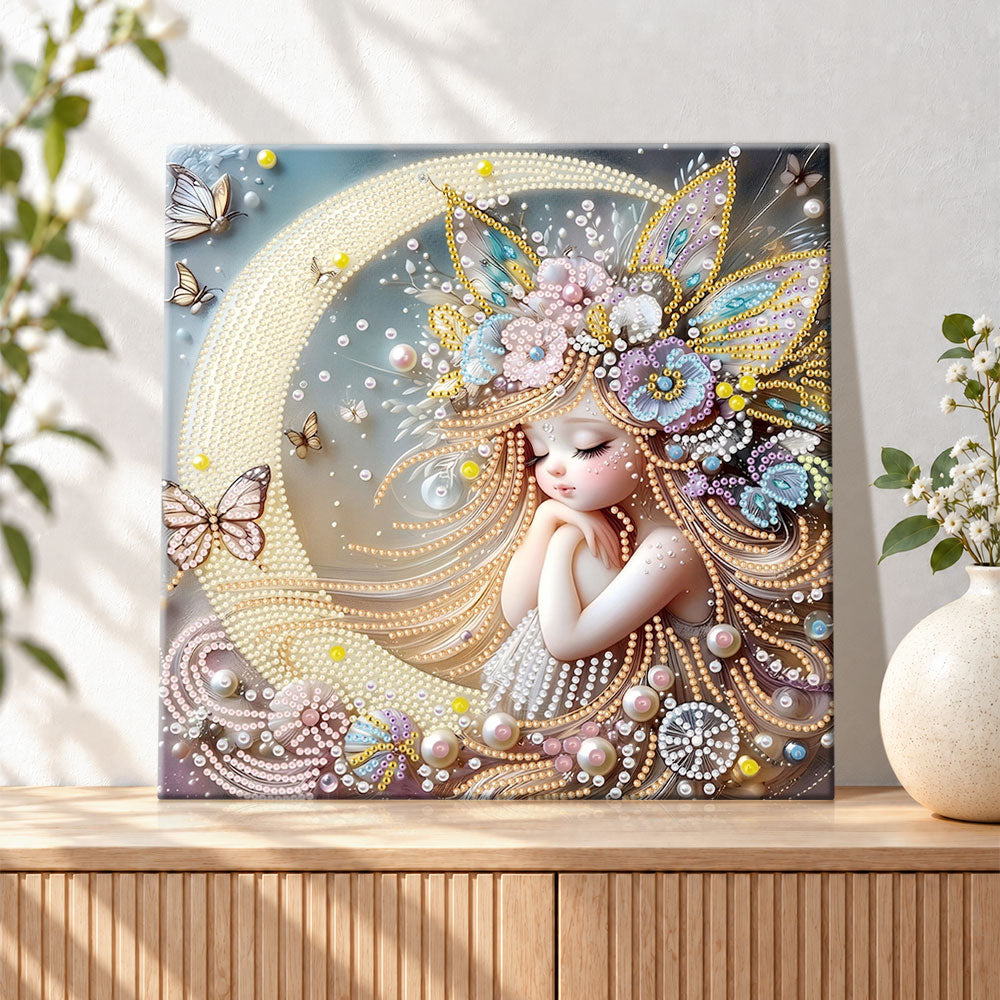 Finished moon fairy with butterflies pearl diamond painting artwork displayed as holiday home decor