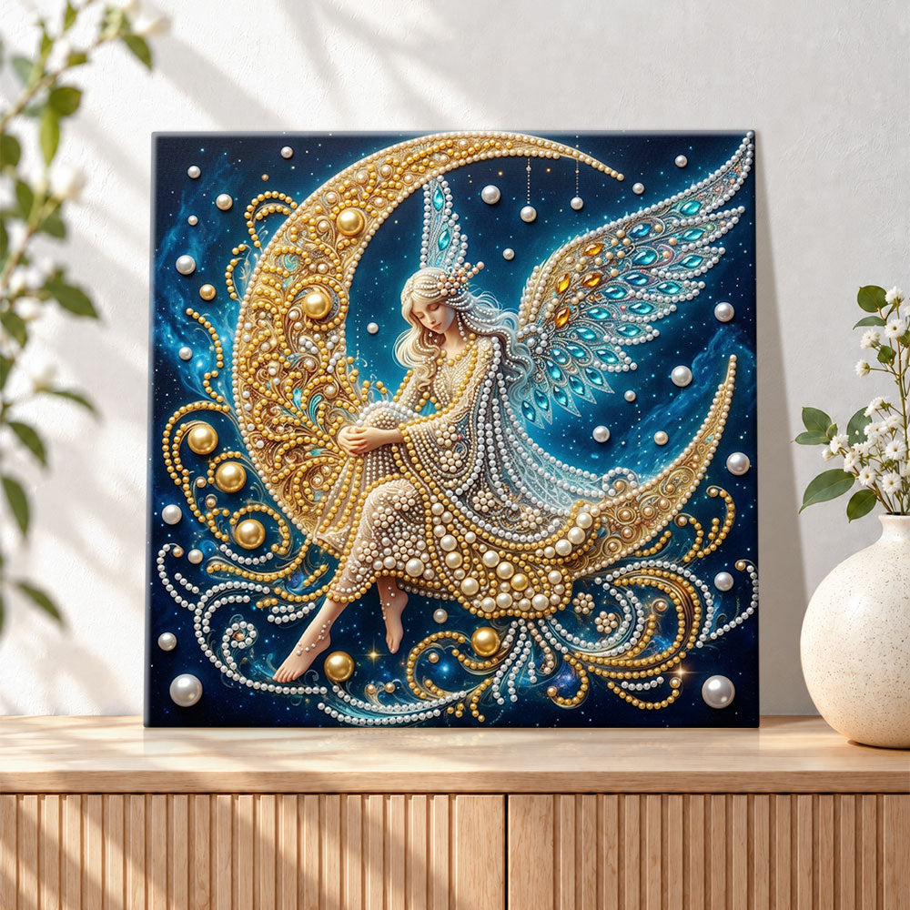 Finished moon fairy with wings pearl diamond painting artwork displayed as holiday home decor
