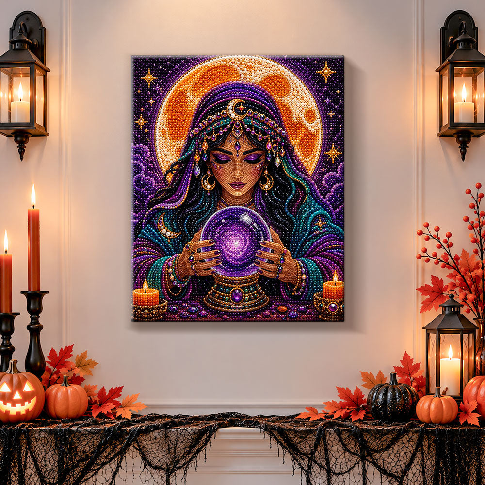Finished moon fortune teller pearl diamond painting artwork displayed as holiday home decor