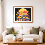 Finished moon mushroom fairy cross stitch artwork displayed as home decor