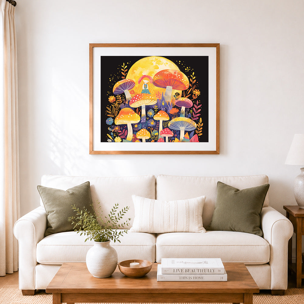 Finished moon mushroom fairy cross stitch artwork displayed as home decor