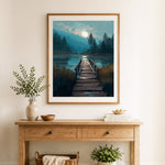 Finished moon over wooden pier cross stitch artwork displayed as home decor