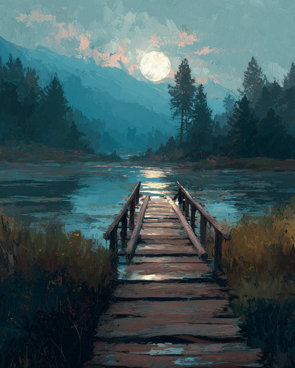 Moon over wooden pier cross stitch kit for beginners