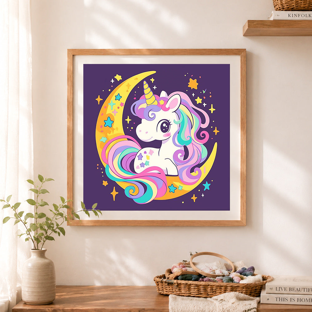 Finished moon unicorn cartoon cross stitch artwork displayed as home decor