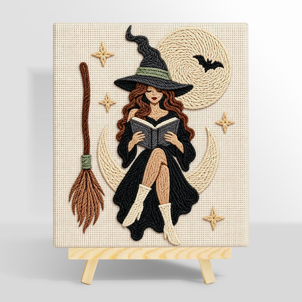 Moon witch reading a book punch needle kit for beginners