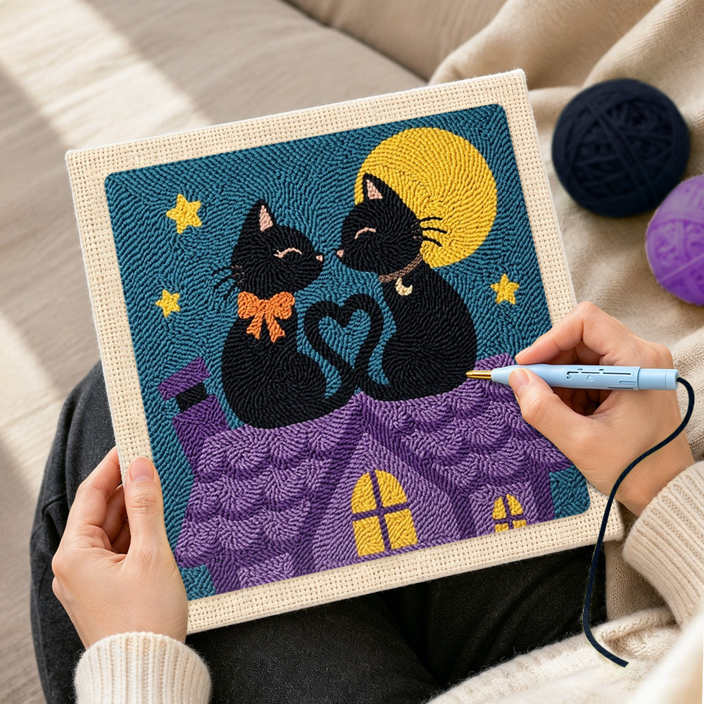 Creating handmade moonlight cat love punch needle artwork