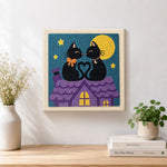 Finished moonlight cat love artwork displayed on a wall