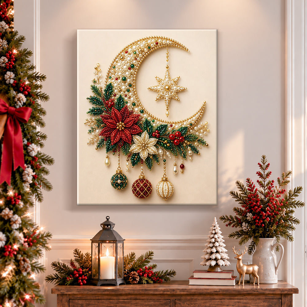 Finished moonlight christmas charm pearl diamond painting artwork displayed as holiday home decor