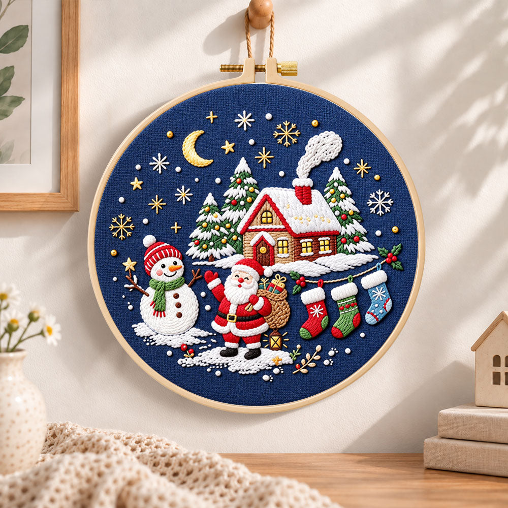 Moonlight christmas scene embroidery hoop wall art displayed as warm and cozy handmade home decor