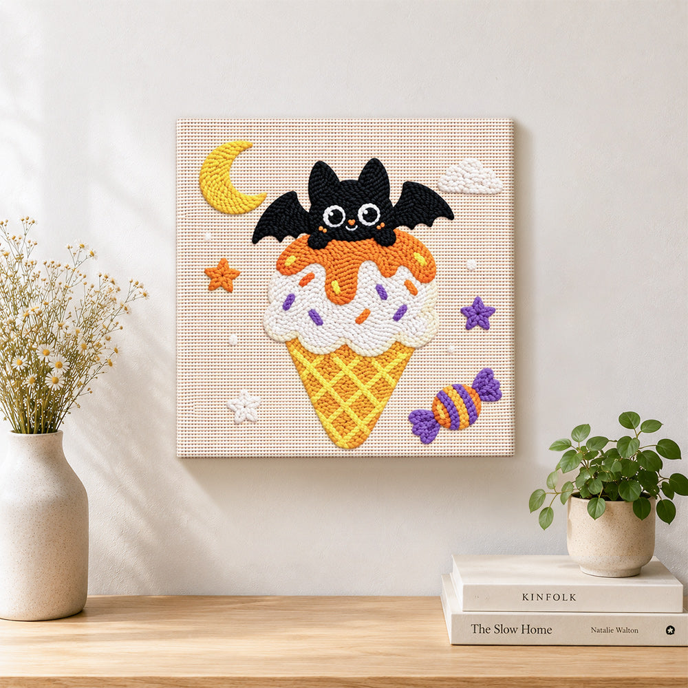 Finished moonlit bat ice cream artwork displayed on a wall