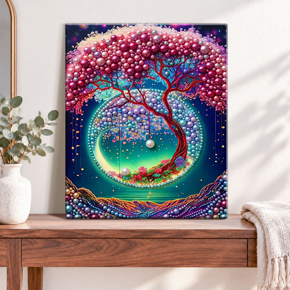 Finished moonlit beaded tree pearl diamond painting artwork displayed as home decor