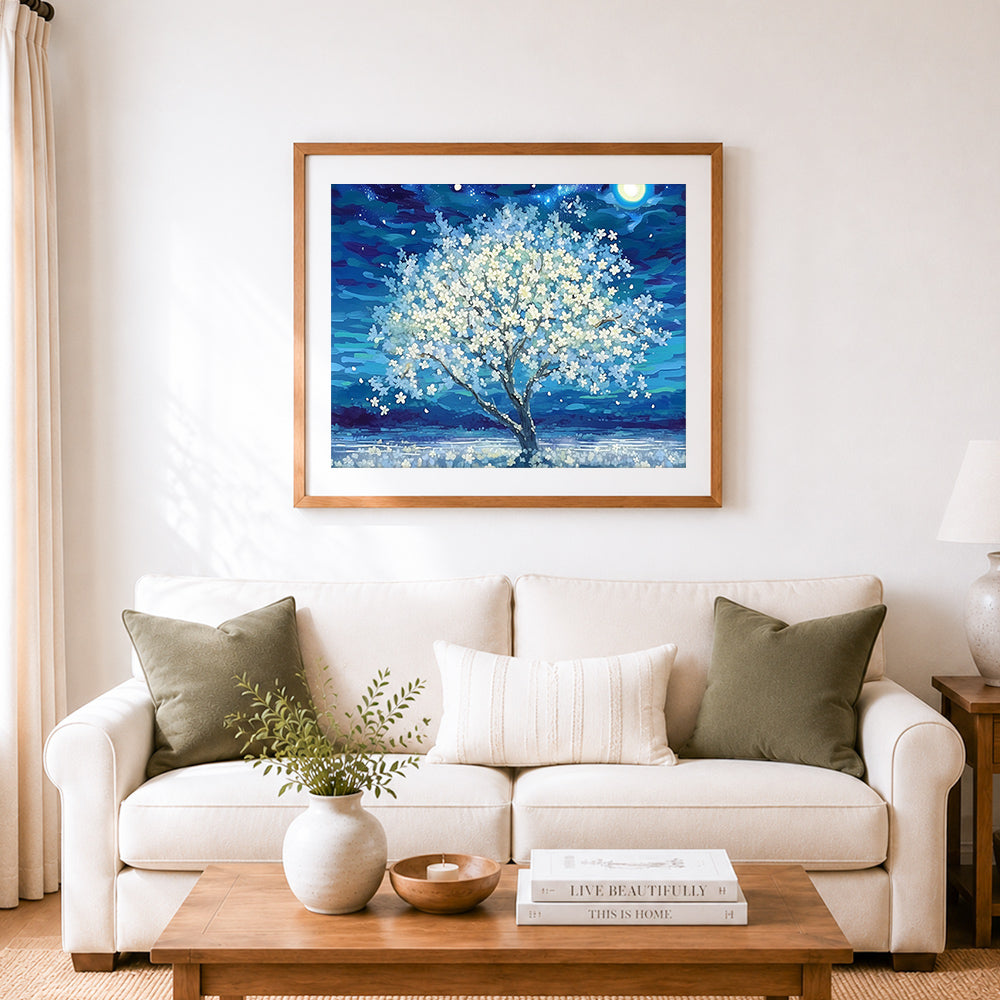 Finished moonlit blossom tree cross stitch artwork displayed as home decor