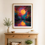 Finished moonlit colorful forest cross stitch artwork displayed as home decor