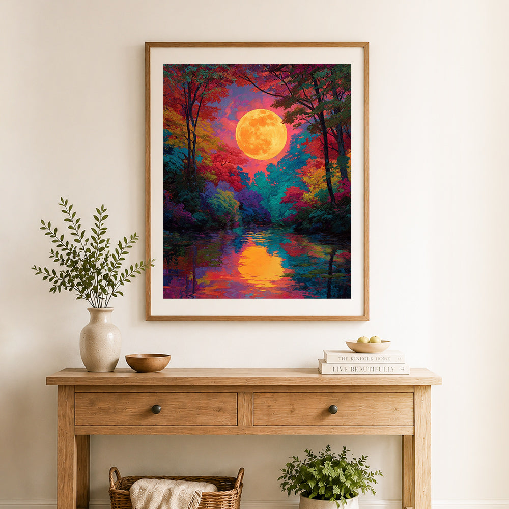 Finished moonlit colorful forest cross stitch artwork displayed as home decor