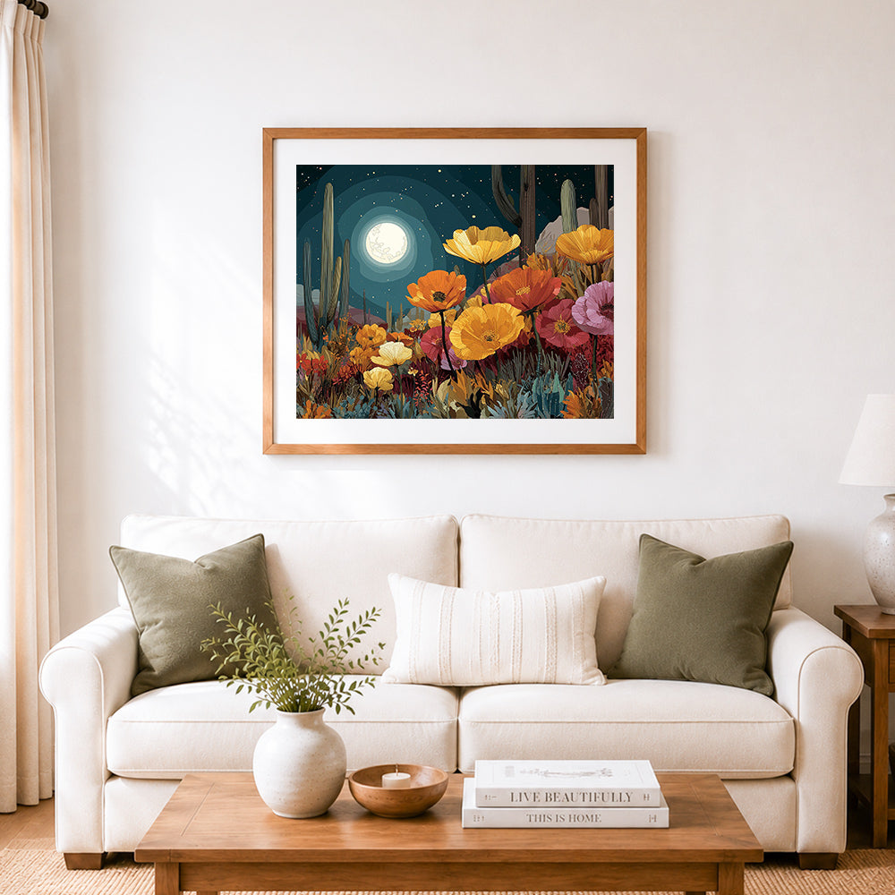 Finished moonlit desert poppies cross stitch artwork displayed as home decor