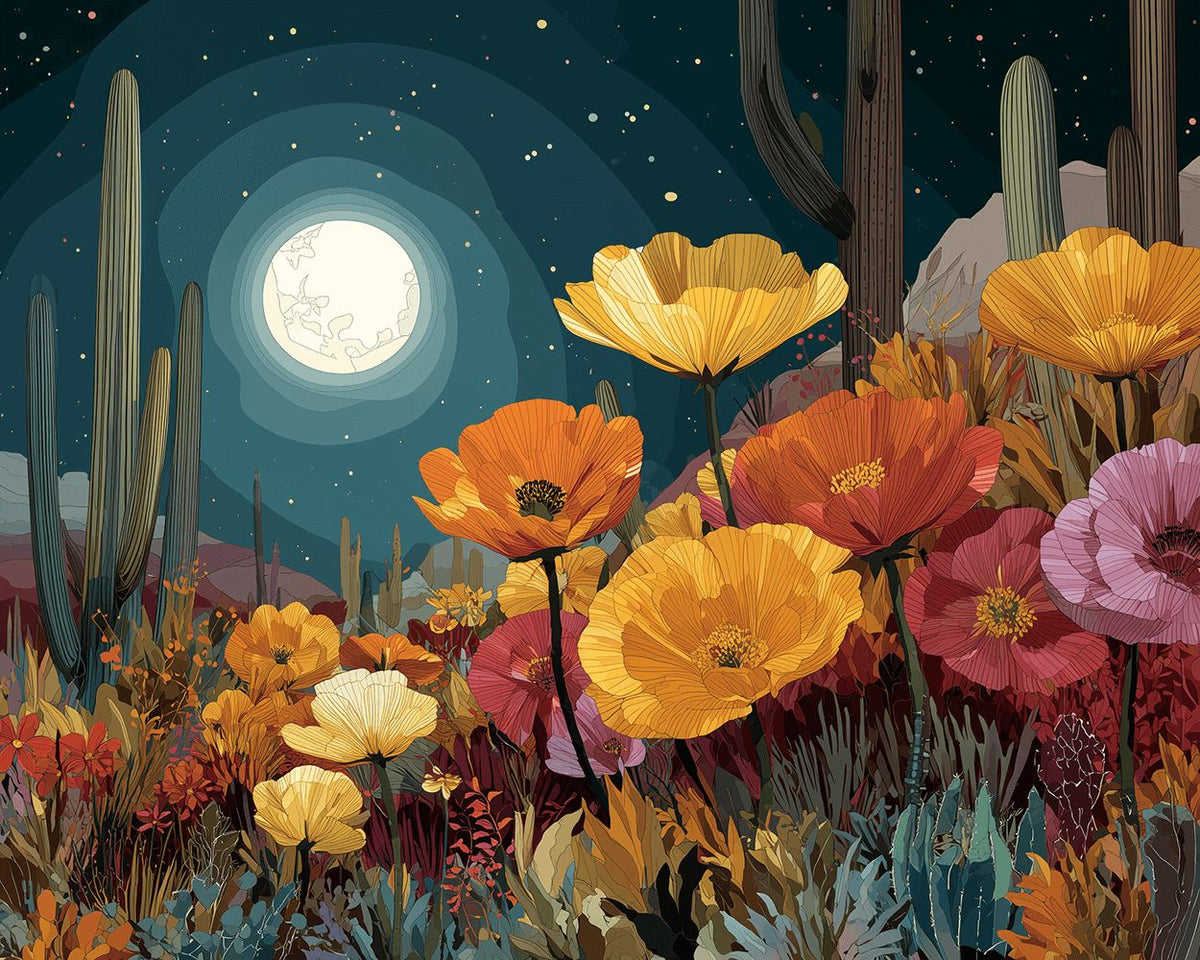 Moonlit desert poppies cross stitch kit for beginners