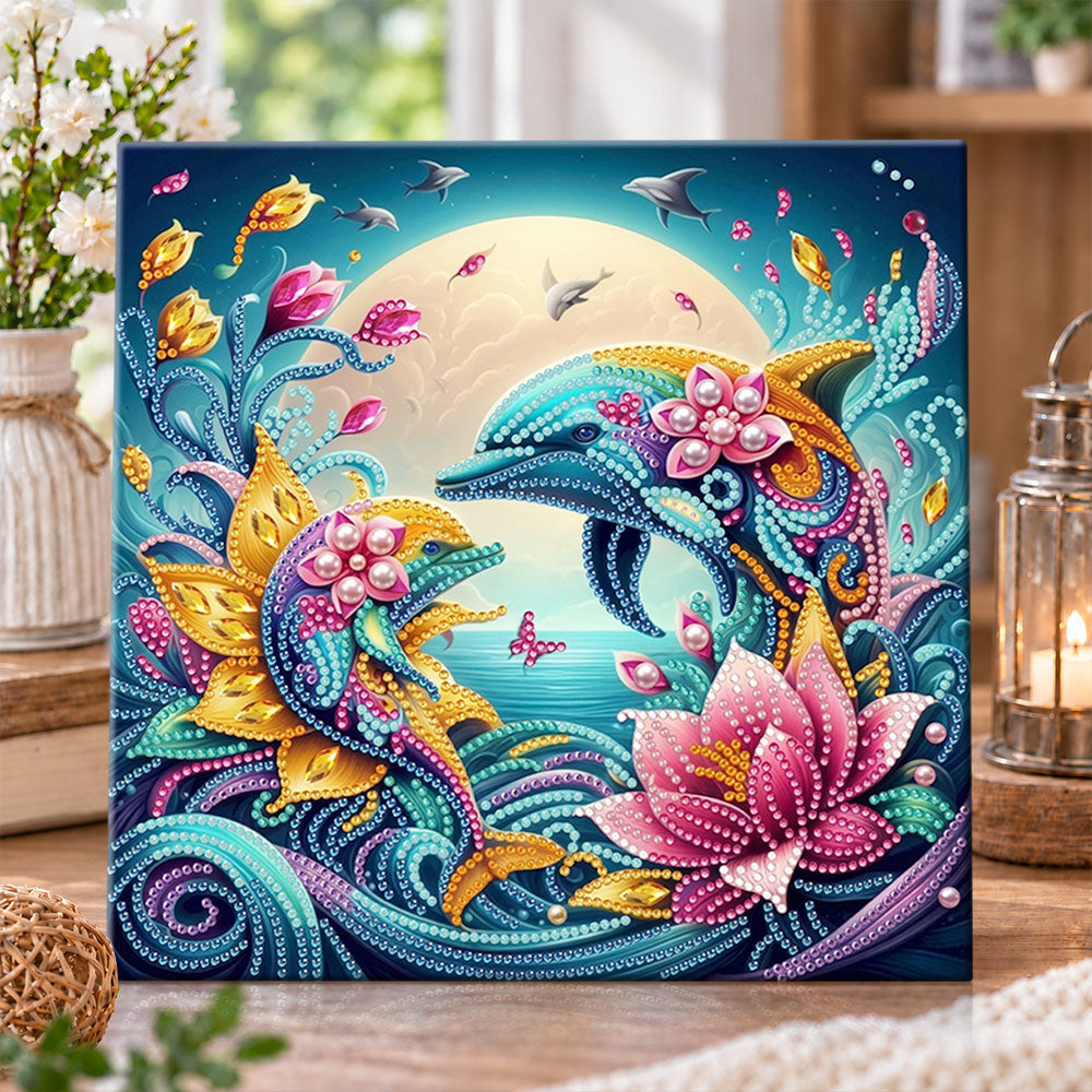 Moonlit dolphin fantasy pearl diamond painting kit for beginners