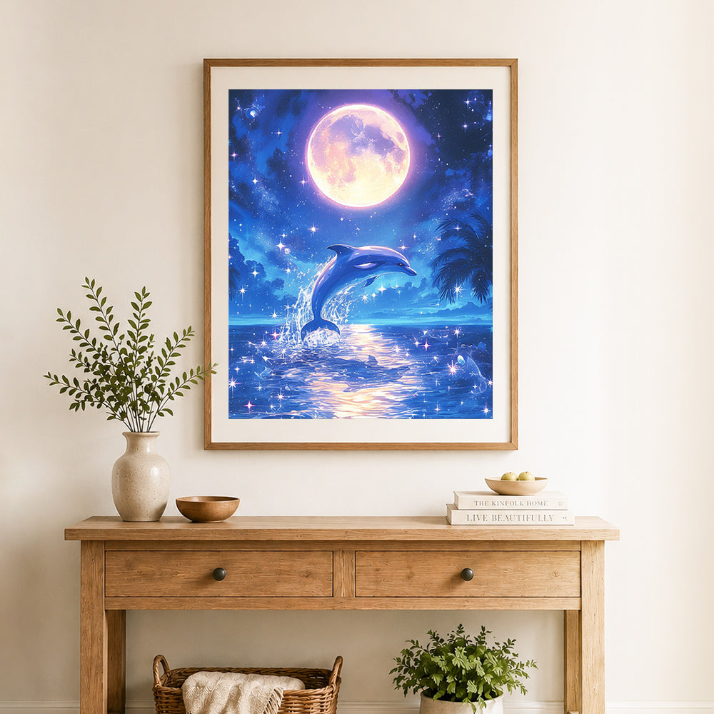 Finished moonlit dolphin leap cross stitch artwork displayed as home decor