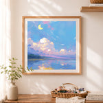Finished moonlit dream lake cross stitch artwork displayed as home decor
