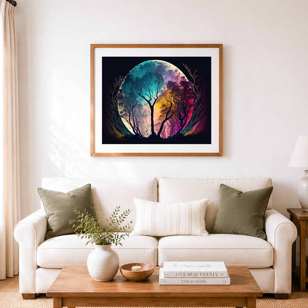 Finished moonlit enchanted forest cross stitch artwork displayed as home decor