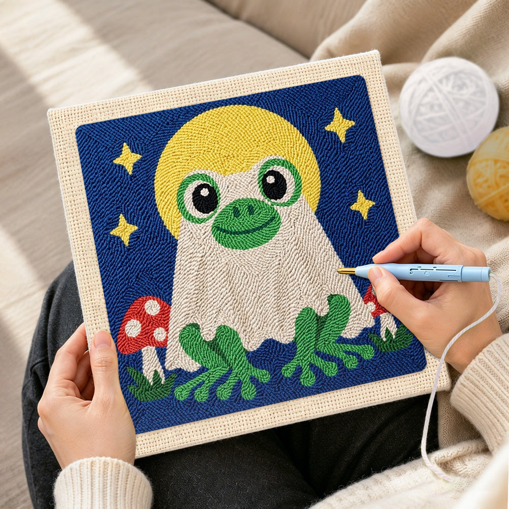 Creating handmade moonlit frog ghost punch needle artwork