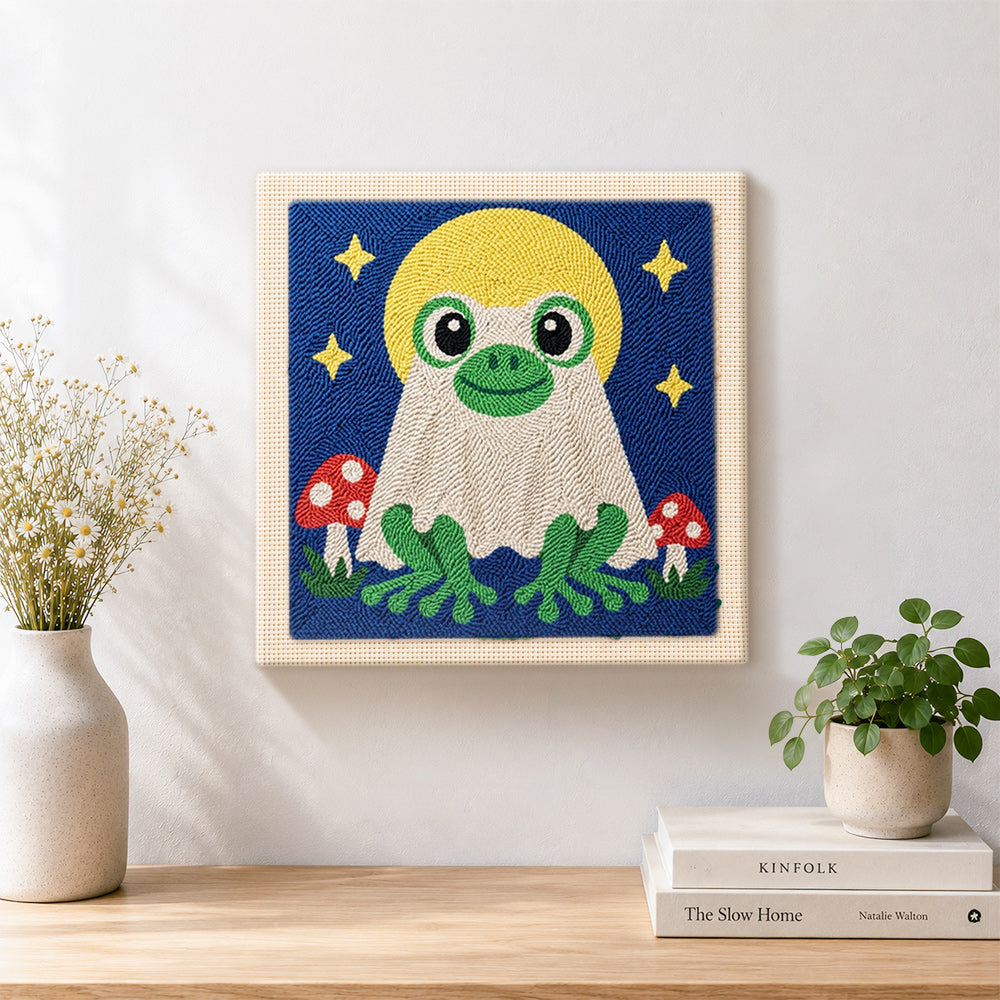 Finished moonlit frog ghost artwork displayed on a wall