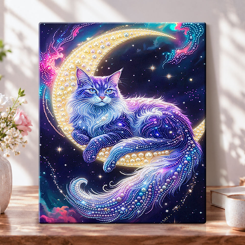 Moonlit galaxy feline pearl diamond painting kit for beginners