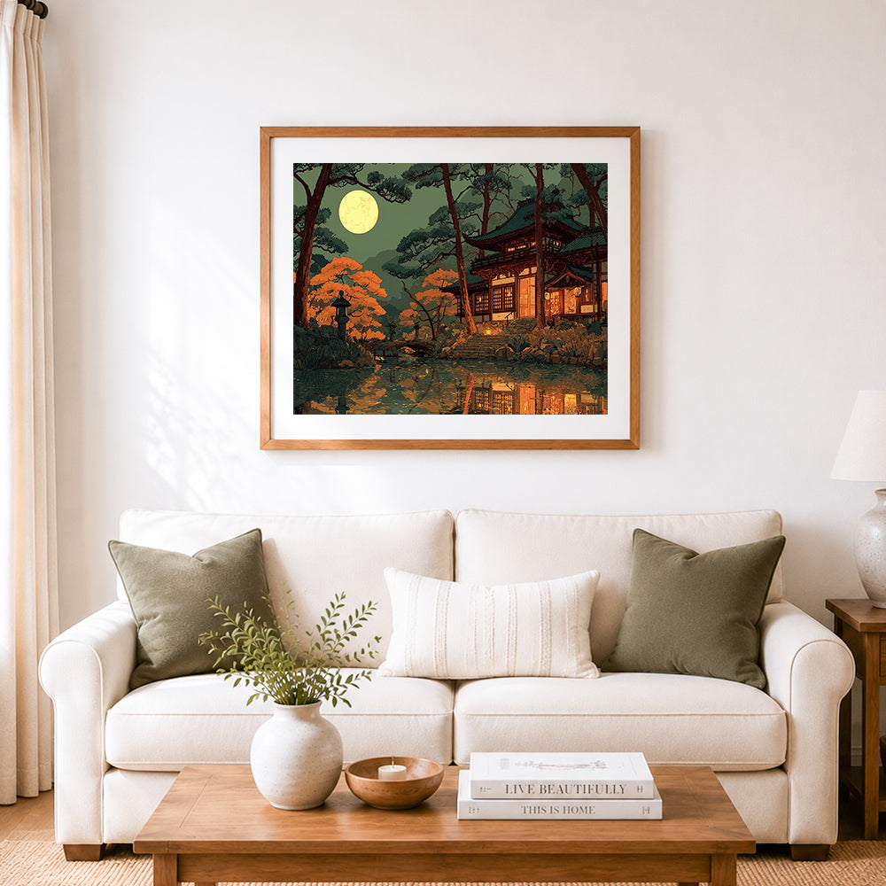 Finished moonlit japanese villa cross stitch artwork displayed as home decor