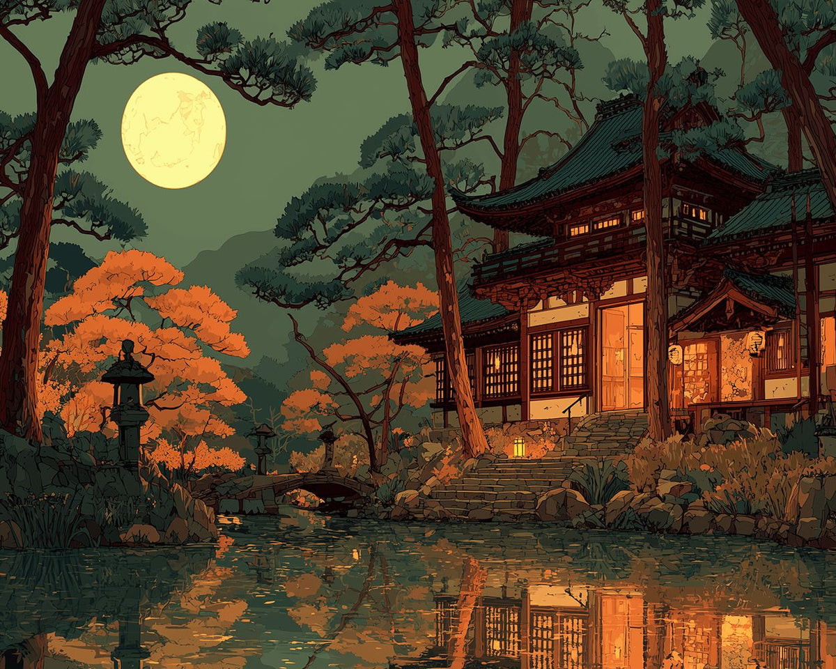 Moonlit japanese villa cross stitch kit for beginners