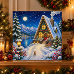 Finished moonlit lakeside winter cottage pearl diamond painting artwork displayed as holiday home decor