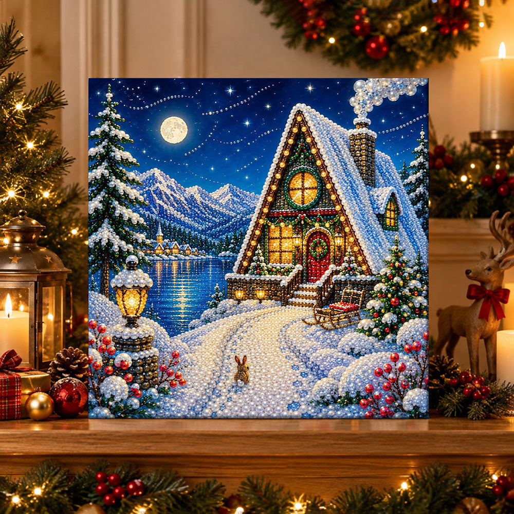 Finished moonlit lakeside winter cottage pearl diamond painting artwork displayed as holiday home decor