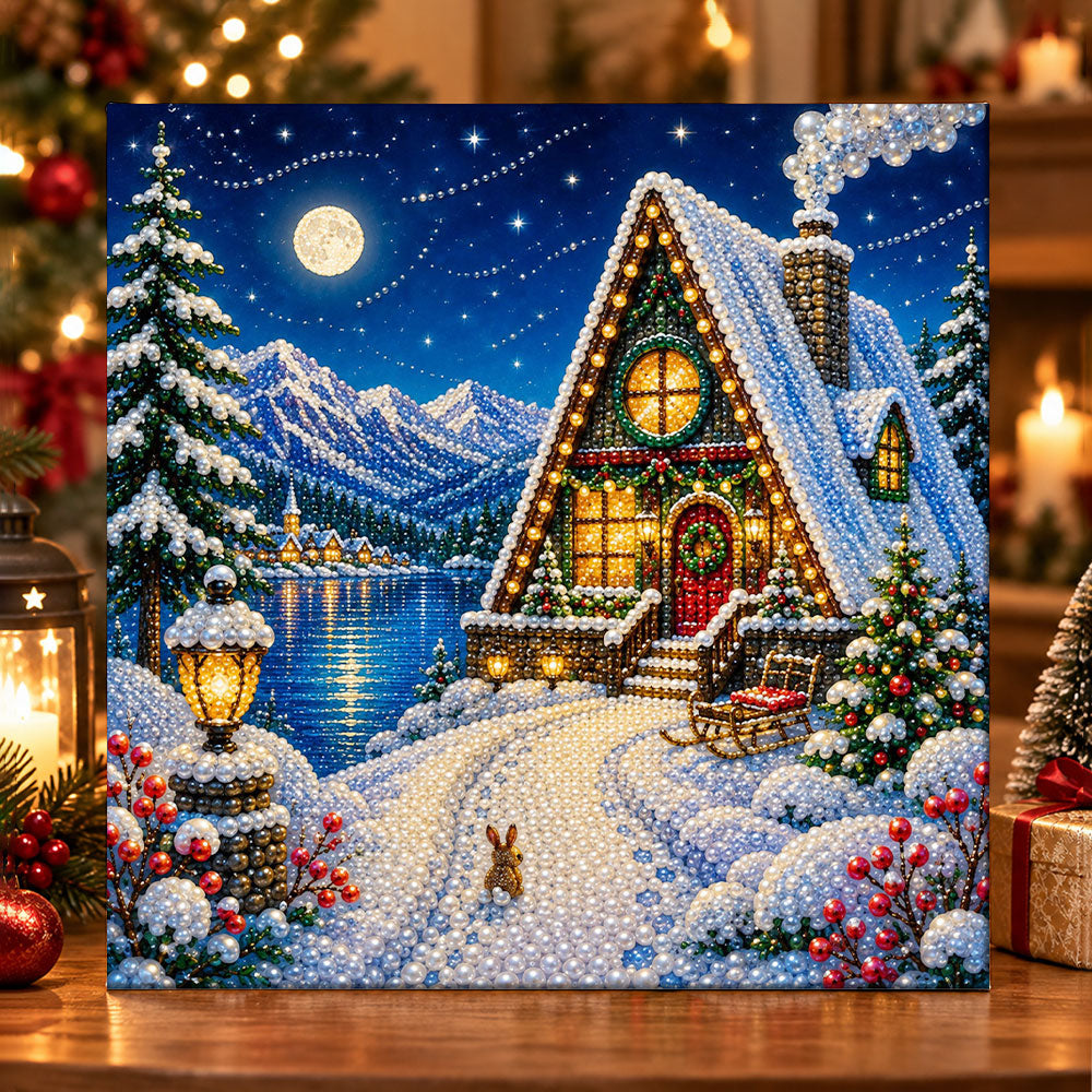 Moonlit lakeside winter cottage pearl diamond painting kit for beginners