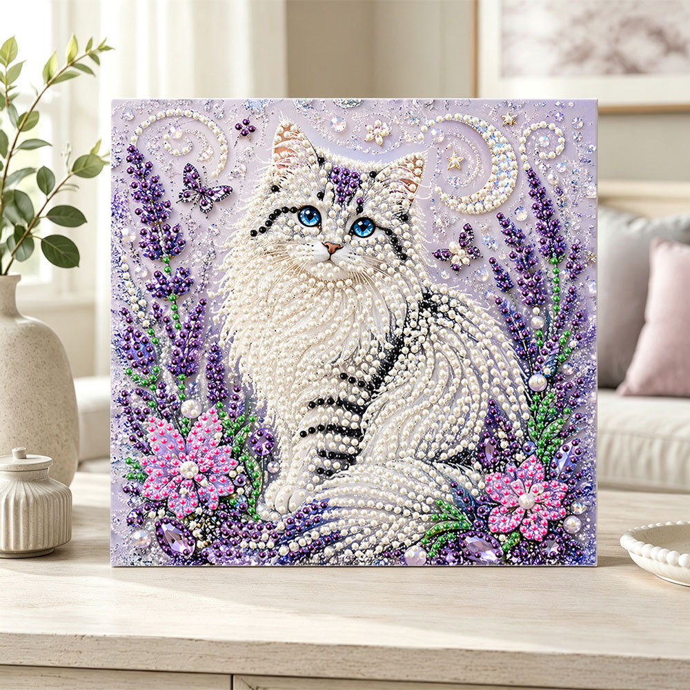 Finished moonlit lavender cat pearl diamond painting artwork displayed as home decor