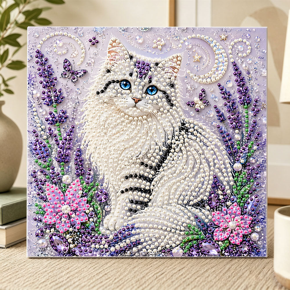 Moonlit lavender cat pearl diamond painting kit for beginners