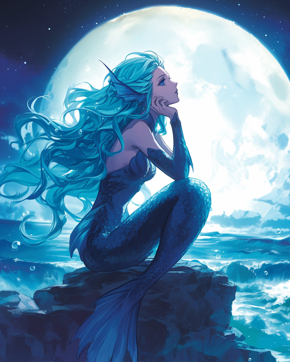 Moonlit mermaid on seaside rocks cross stitch kit for beginners