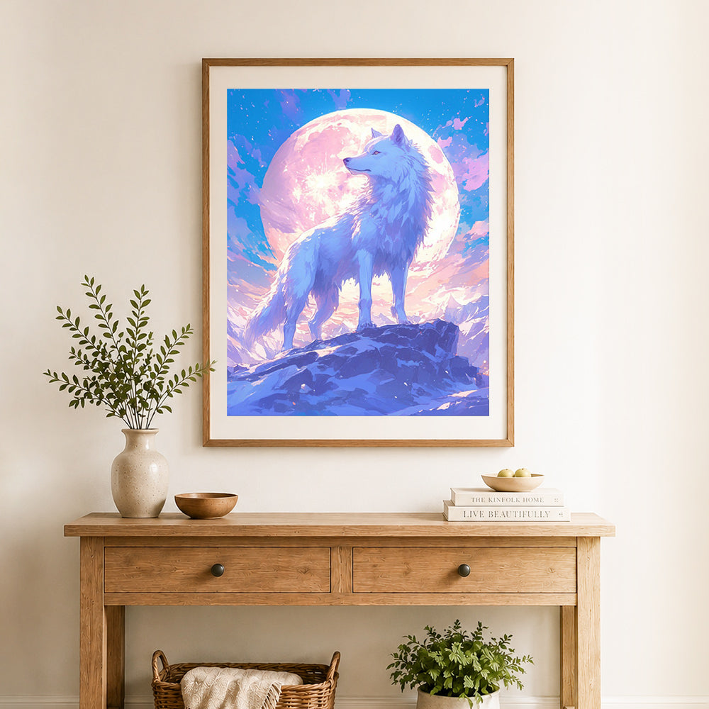 Finished moonlit mountain wolf cross stitch artwork displayed as home decor