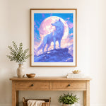 Finished moonlit mountain wolf cross stitch artwork displayed as home decor