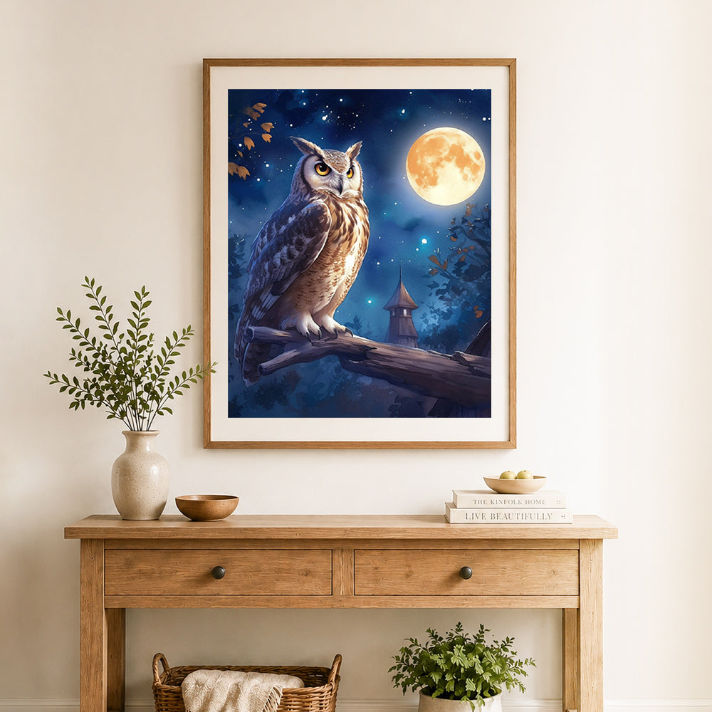 Finished moonlit night owl cross stitch artwork displayed as home decor