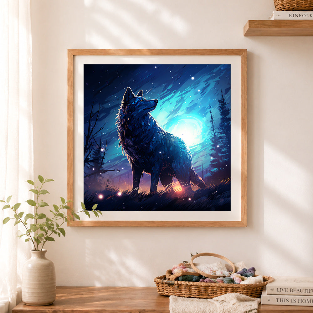 Finished moonlit night wolf cross stitch artwork displayed as home decor
